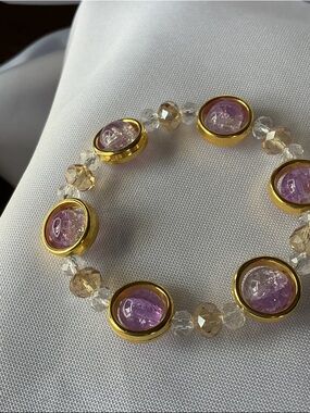 Purple Gold Beaded Stretch Bracelet Crystal Accent Statement